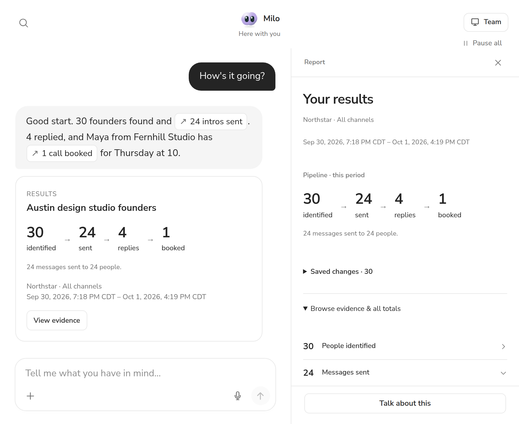 Lanes chat: Milo reports 30 founders found, 24 intros sent, 4 replies and 1 call booked, with the sent messages listed as evidence.