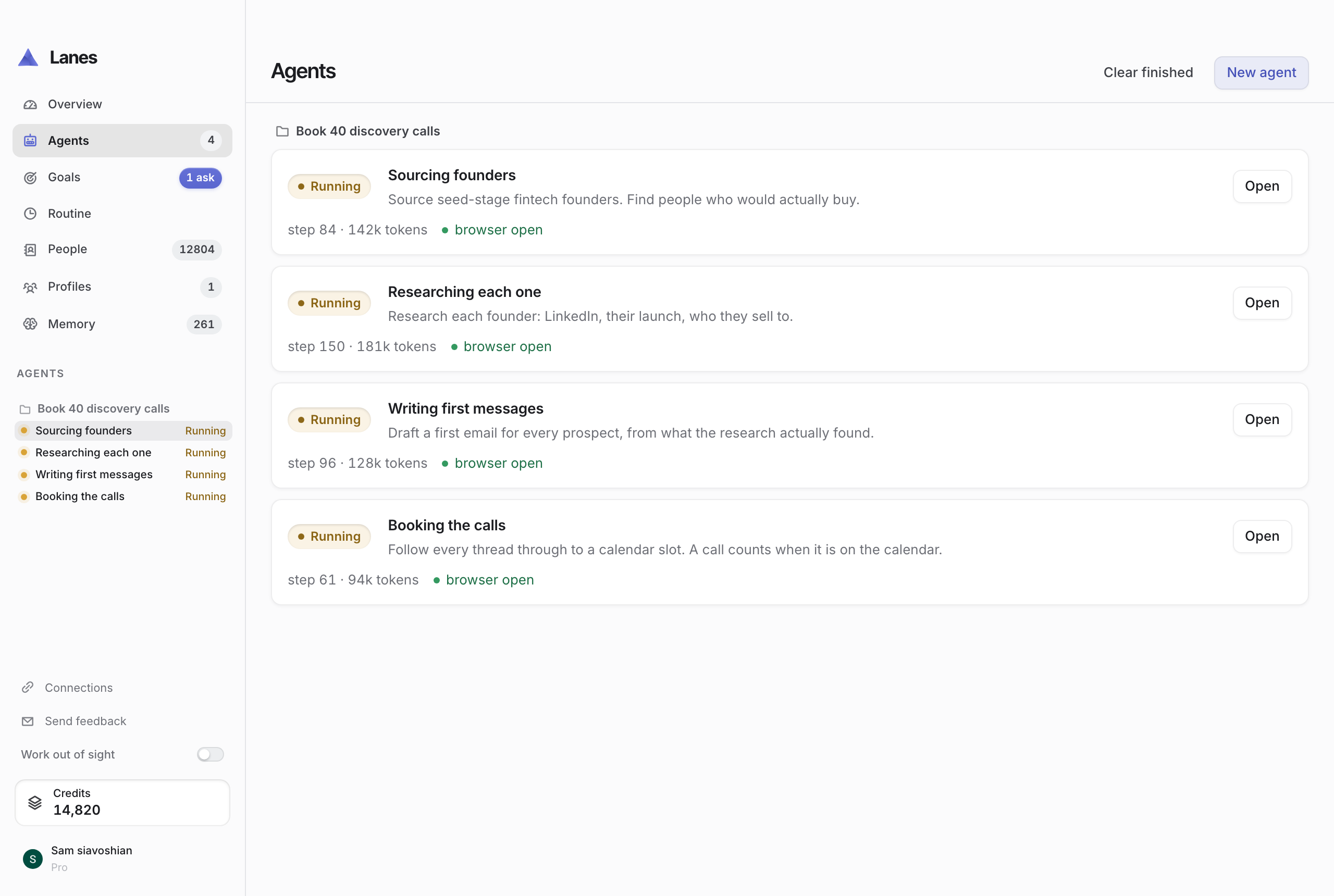 The Lanes agents page: four agents running in parallel, and the selected one narrating its run in plain sentences: what it found on a founder, a login wall it refused to sign through, and the moment it took the steer “skip agencies”.