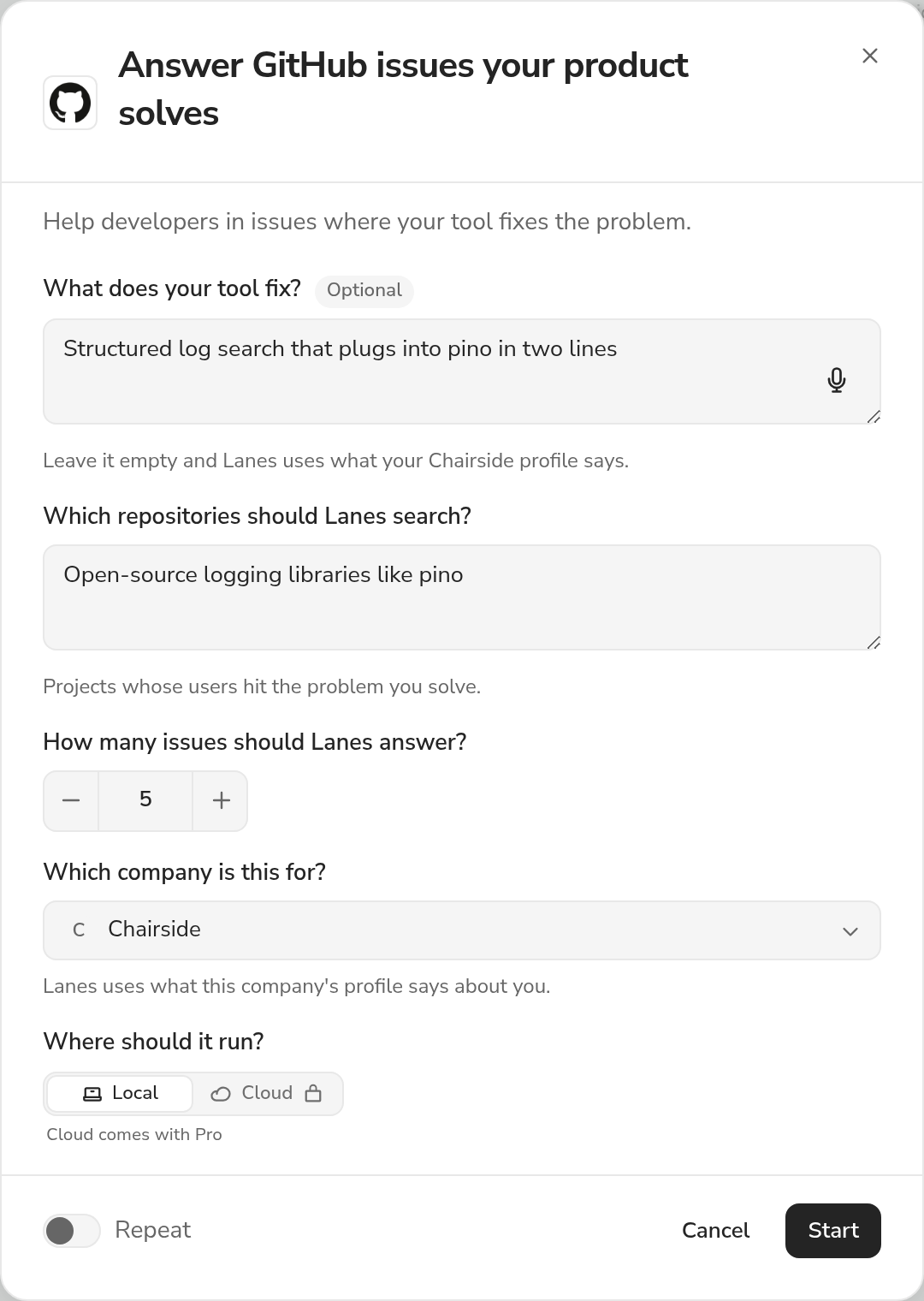 The Answer GitHub issues your product solves dialog in the Lanes app, as it opens from the plays shelf: "Help developers in issues where your tool fixes the problem.", the questions it asks filled in with its own examples, the company it is for (Chairside), where it runs, and Start.
