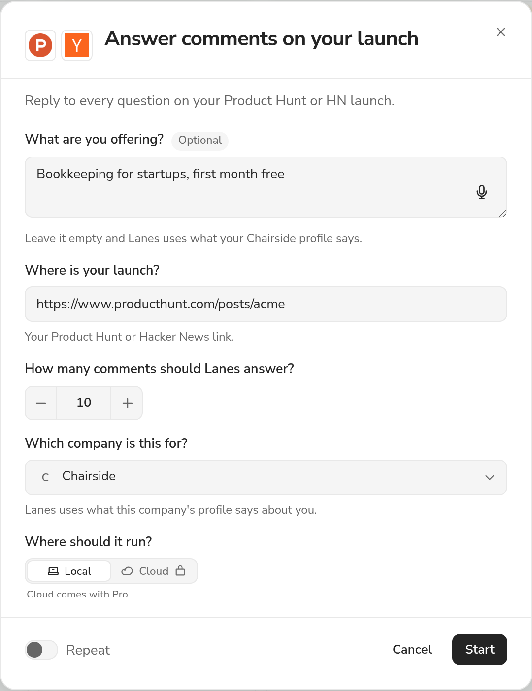 The Answer comments on your launch dialog in the Lanes app, as it opens from the plays shelf: "Reply to every question on your Product Hunt or HN launch.", the questions it asks filled in with its own examples, the company it is for (Chairside), where it runs, and Start.