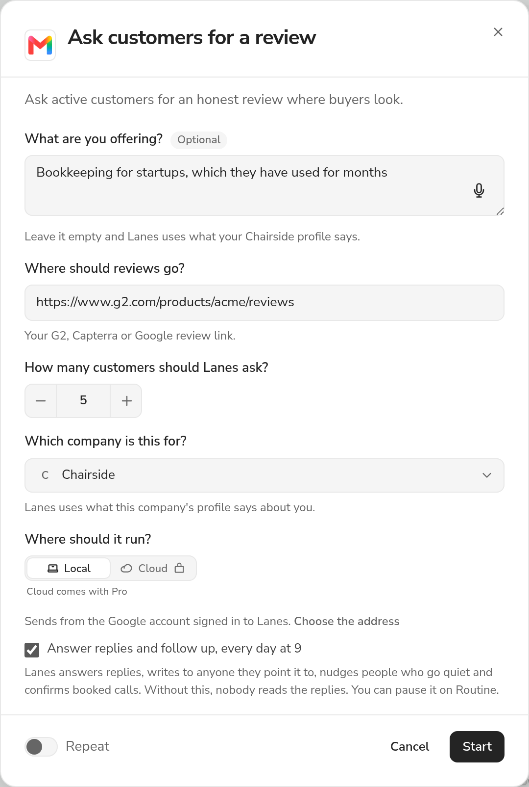 The Ask customers for a review dialog in the Lanes app, as it opens from the plays shelf: "Ask active customers for an honest review where buyers look.", the questions it asks filled in with its own examples, the company it is for (Chairside), where it runs, and Start.