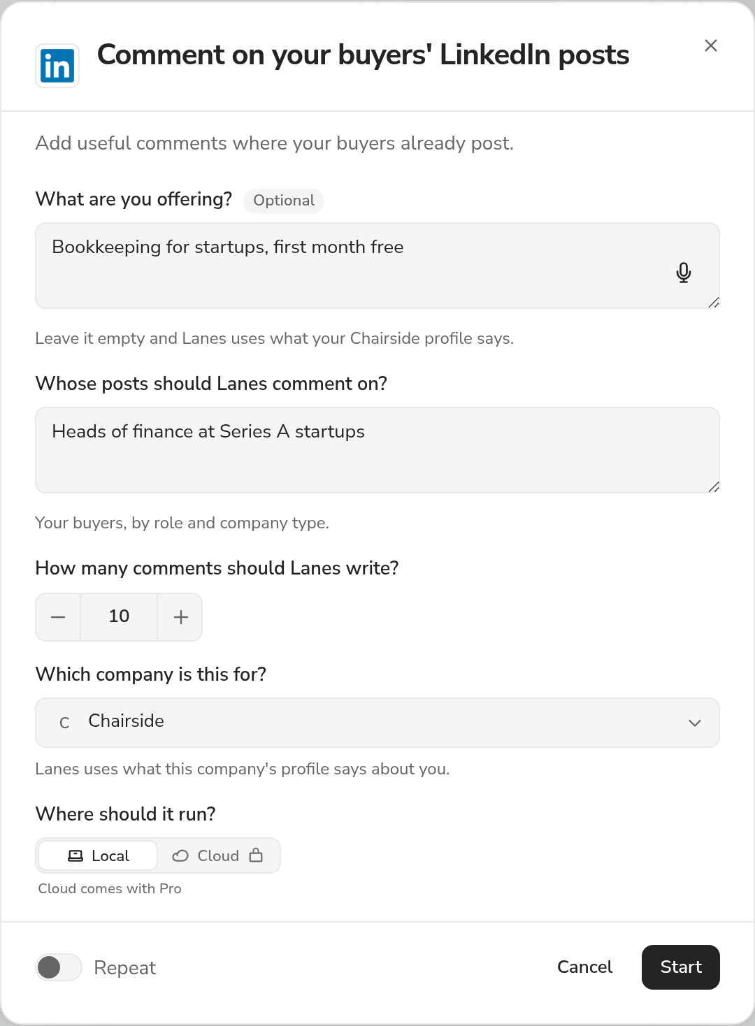 The Comment on your buyers' LinkedIn posts dialog in the Lanes app, as it opens from the plays shelf: "Add useful comments where your buyers already post.", the questions it asks filled in with its own examples, the company it is for (Chairside), where it runs, and Start.