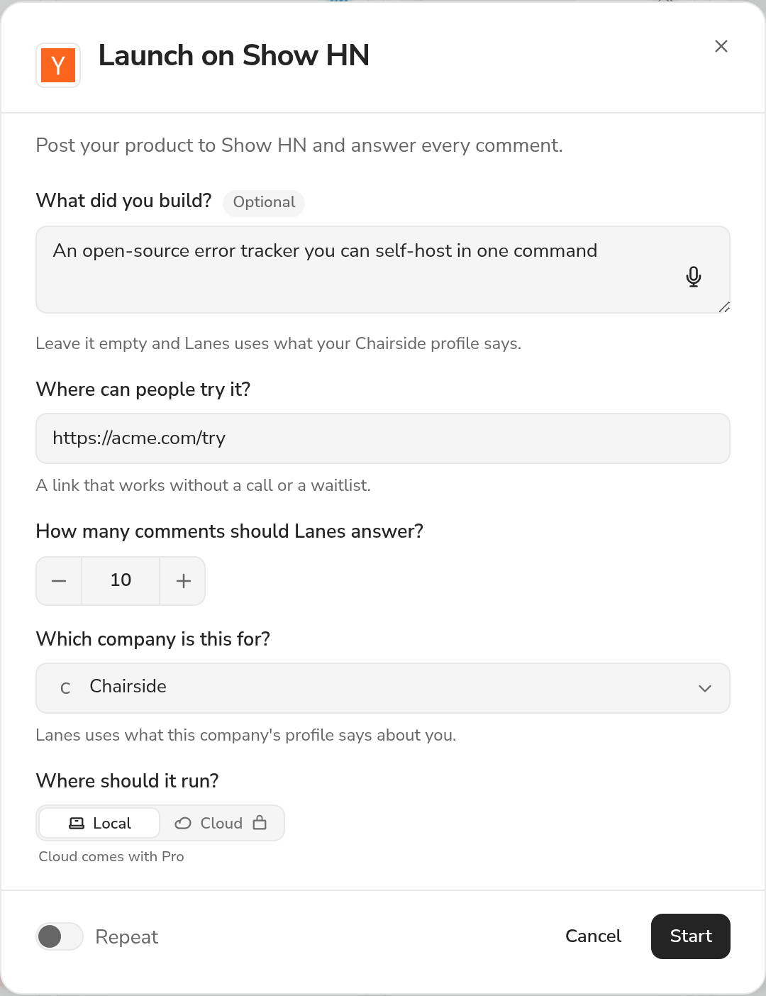 The Launch on Show HN dialog in the Lanes app, as it opens from the plays shelf: "Post your product to Show HN and answer every comment.", the questions it asks filled in with its own examples, the company it is for (Chairside), where it runs, and Start.