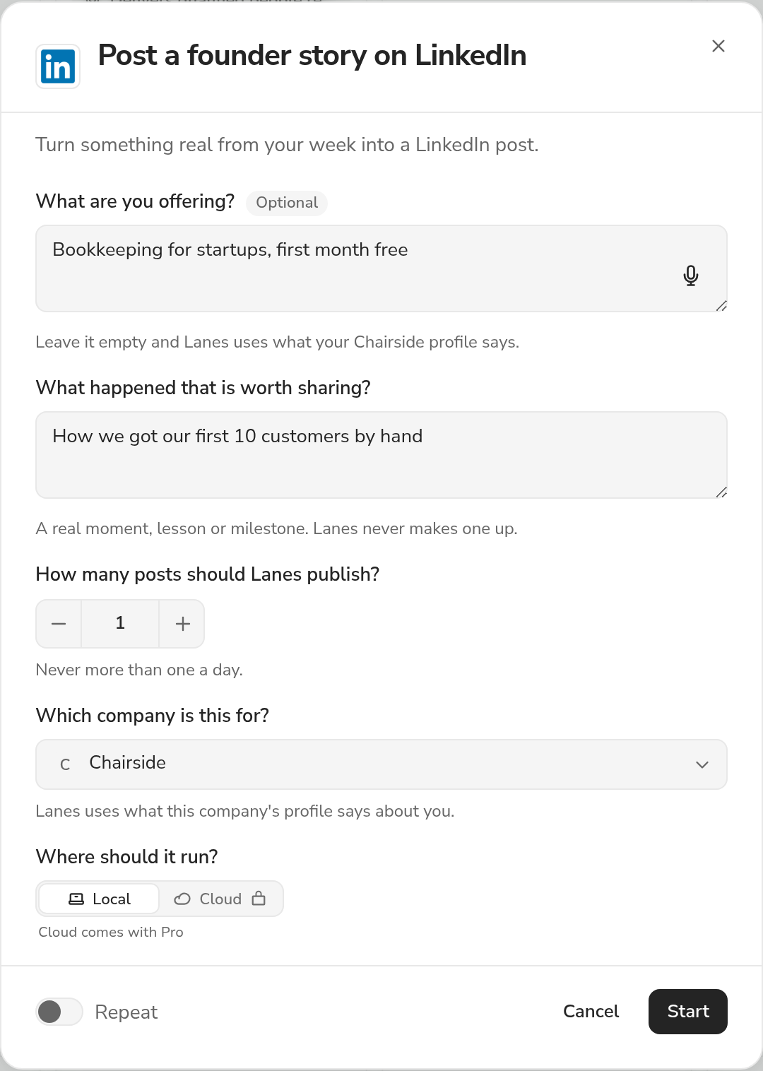 The Post a founder story on LinkedIn dialog in the Lanes app, as it opens from the plays shelf: "Turn something real from your week into a LinkedIn post.", the questions it asks filled in with its own examples, the company it is for (Chairside), where it runs, and Start.