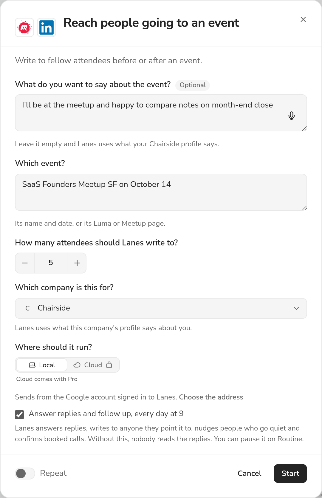 The Reach people going to an event dialog in the Lanes app, as it opens from the plays shelf: "Write to fellow attendees before or after an event.", the questions it asks filled in with its own examples, the company it is for (Chairside), where it runs, and Start.
