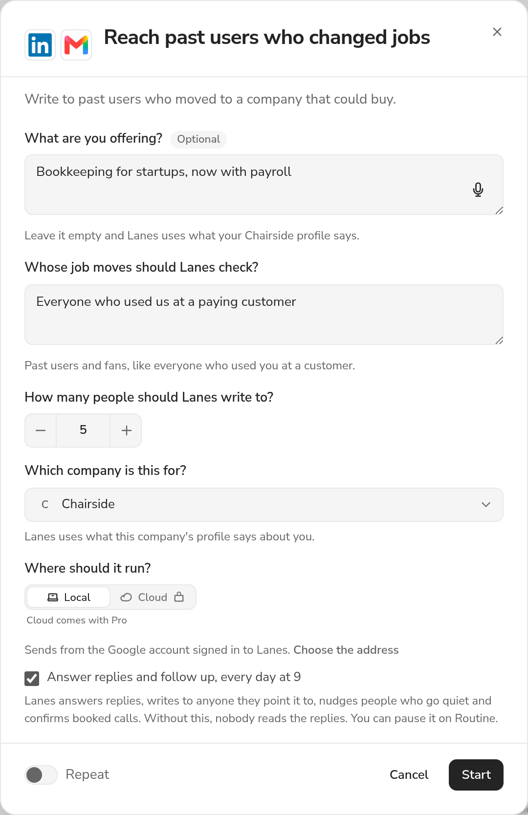 The Reach past users who changed jobs dialog in the Lanes app, as it opens from the plays shelf: "Write to past users who moved to a company that could buy.", the questions it asks filled in with its own examples, the company it is for (Chairside), where it runs, and Start.